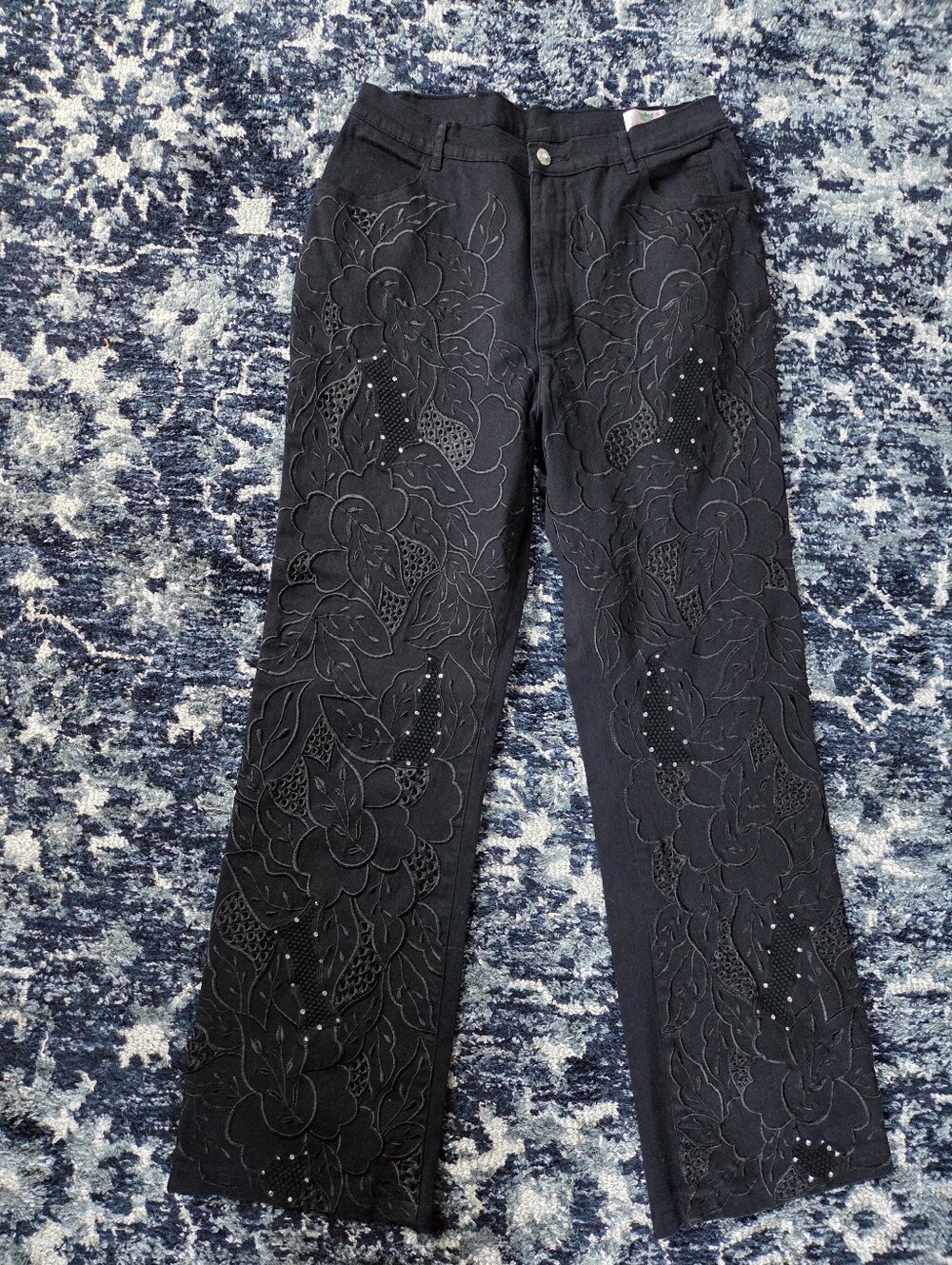 Black Rhinestone Embroidered Floral Jeans